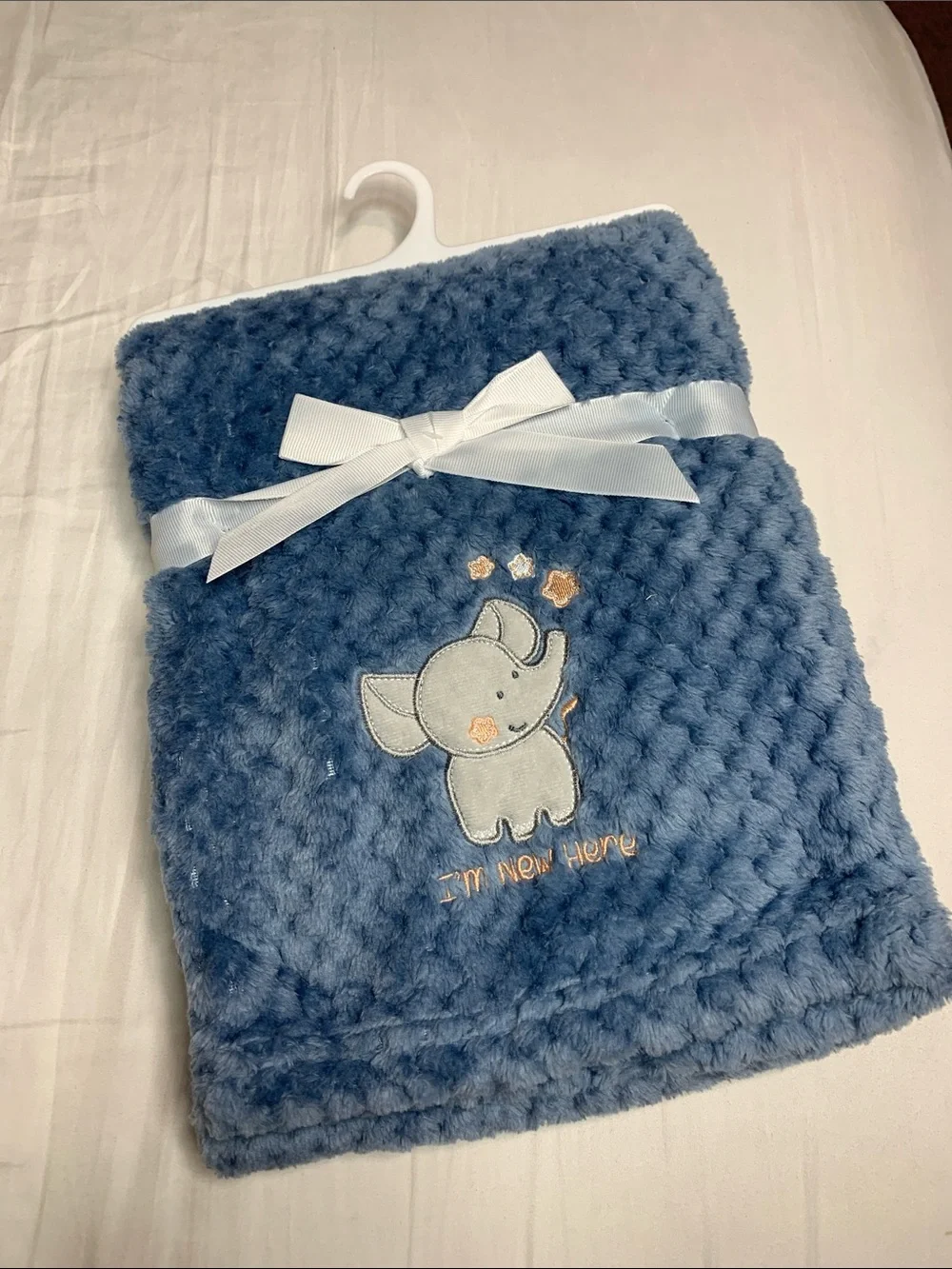 Blue Plush Baby Blanket with Elephant Embroidery - Kids Accessories